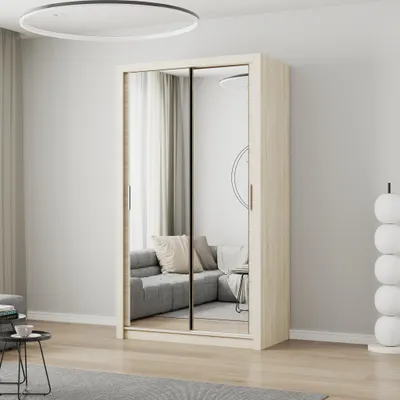 Produktbild von Schwebetürenschrank Kleiderschrank Schrank 120cm Sonoma/Sonoma mit zwei Spiegeln MILAN