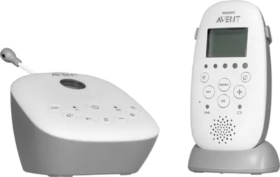 A Philips AVENT audio baby monitor set, consisting of a parent unit and a baby unit, displayed against a white background.