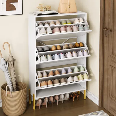 Image de OKWISH Meuble à Chaussures Étroit à Abattant avec 3 Portes Sans Poignée et Étagères Intérieures, Pieds Dorés, en MDF, Blanc