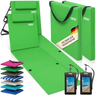 Produktbild von DETEX® 2x Strandmatte mit Rückenlehne Gepolstert Grün Sonnenliege klappbar UV-beständig Tasche Reißverschluss Kissen Tragegurt Garten Camping Picknick Liegematte 158x56cm