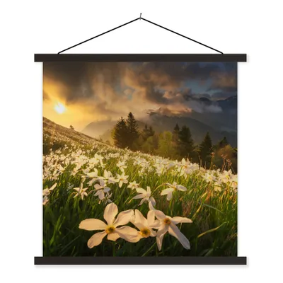 Produktbild von MuchoWow® Textilposter Blumenfeld - Hügel - Sonnenuntergang - Berg - Natur - Weiß - Hügel 60x60 cm mit schwarzem Rahmen - Posteraufhänger