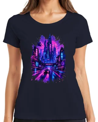 Productafbeelding van Cyberpunk Tokio, Japan, stad, neon, synthwave, retrowave, Y2K, anime, dames T-shirt, marineblauw, maat M