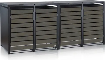 A set of four outdoor trash can enclosures with slatted doors.