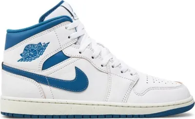 A side profile of a white and blue Nike Air Jordan 1 Mid sneaker.