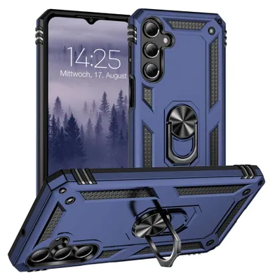 A blue phone case with a ring stand is displayed from multiple angles, with a phone showing the time and date in the background.