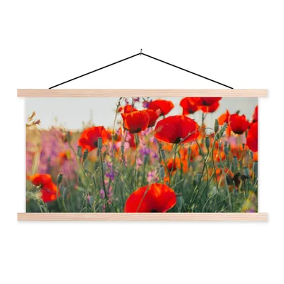 Produktbild von MuchoWow® Textilposter Mohn - Blumen - Rot - Lila - Wiese 60x30 cm mit holzfarbenen Rahmen - Dekoration