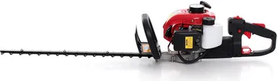 A red and black gas-powered hedge trimmer is shown against a white background.
