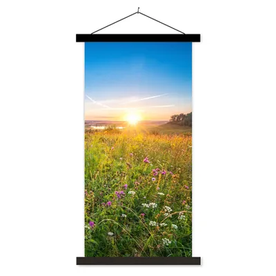 Produktbild von MuchoWow® Textilposter Sonne - Gras - Blumen 60x120 cm mit schwarzem Rahmen - Magnete