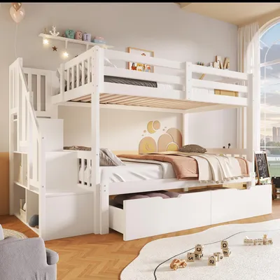 Produktbild von MODFU Etagenbett 90x200 Kinderbett Hochbett mit Ausziehbett zum Doppelbett 180x200 Massivholzbett mit 2 Schubladen und Stauraum, ohne Matratze, Weiß