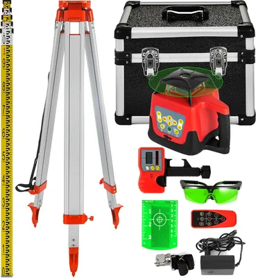 A collection of surveying and measuring equipment laid out on a white background.