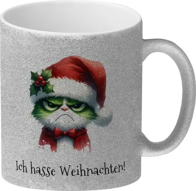 Produktbild von Weihnachtsmuffel-Katze Glitzer-Kaffeebecher und Spruch Ich hasse Weihnachten!