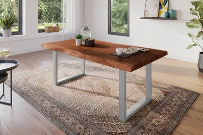 Produktbild von Esstisch 160 x 85 cm Akazie massiv nussbaum Baumkantentisch U-Gestell silber ATLAS