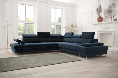 Produktbild von Ecksofa Galaxy MAX 276×276 cm mit Schlaffunktion, Verstellbare Kopfstützen, Bettkasten - Terra 79, Dunkelblau - Rechts