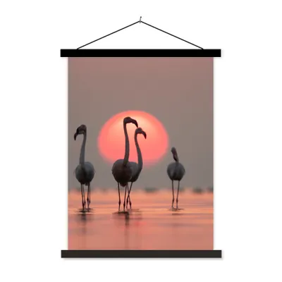 Produktbild von MuchoWow® Textilposter Vogel - Flamingo - Sonnenuntergang - Rosa 40x53 cm mit schwarzem Rahmen - Abbildung