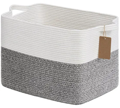 Productafbeelding van Opbergmand, gevlochten katoen, 50 liter, rechthoekig, grijs & wit, 46x36x30 cm