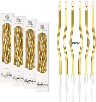 Immagine prodotto di 24 candeline dorate per compleanno - Candeline a spirale lunghe con supporto - Eleganti candeline curve per torte, ideali per compleanni e matrimoni