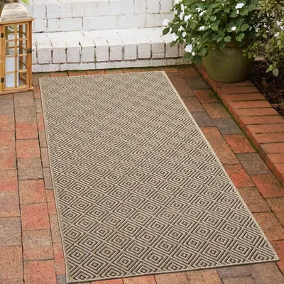 Obrázok produktu pre Vonkajší koberec odolný voči poveternostným vplyvom - kosoštvorcový vzor béžová/čierna Veľkosť - 80 x 250 cm