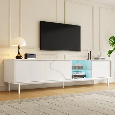 Image de Meuble TV Merax avec 3 portes coulissantes et plateau en verre, meuble TV avec contrôle LED via application, meuble de salon/meuble TV en MDF avec pieds en acier fins, blanc