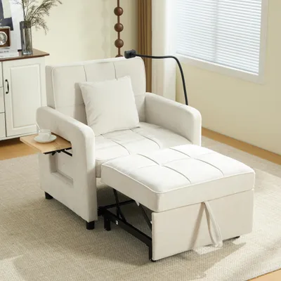 Produktbild von STILVORA Zwei-in-eins-Schlafsessel Einzelschlafsofa mit 5-fach verstellbarer Rückenlehne (105°–180°), Schlafsessel mit Chenille-Bezug, Kissen, Seitentaschen und integriertem Tischchen, Liegesessel wandelbares Funktionssofa für Wohnzimmer,Beige