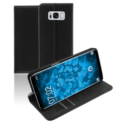 A black leather flip case for a Samsung Galaxy S8 phone is shown open, with the phone displaying its screen.