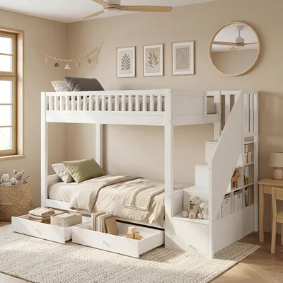 Produktbild von Flieks Etagenbett 90x200cm mit 2 Schubladen, Kinderbett mit Treppe und Ablagen, Hochbett mit Rausfallschutz und Lattenrost, Stockbett Einzelbett Weiß