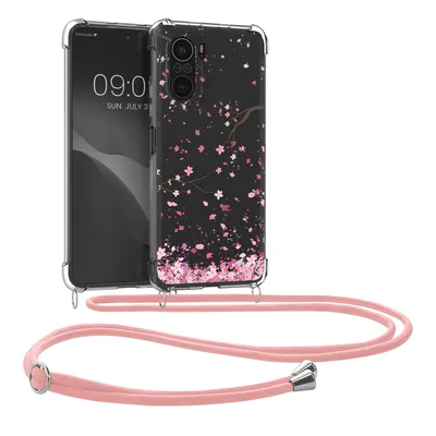 Produktbild von kwmobile Necklace Case kompatibel mit Xiaomi Mi 11i / Poco F3 Hülle - Silikon Cover mit Handykette - Rosa Dunkelbraun Transparent Kirschblütenblätter