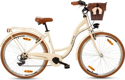 Produktbild von Goetze Mood 28 Zoll City Bike, 18 Zoll Tiefeinsteigerrahmen, 7-Gang Shimano, V-Bremse, LED-Beleuchtung, Komfortsattel, Rattankorb