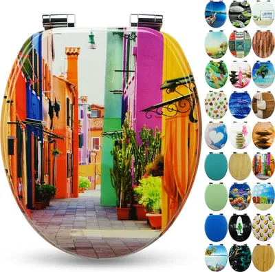 Produktbild von Sanfino® Premium WC Sitz "Colorful Houses" hochwertiger Toilettendeckel mit Absenkautomatik aus Holz, viele bunte Motive, einfache Montage