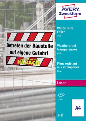 Produktbild von Avery Zweckform 3487, Wetterfeste Folie, A4, beidseitig beschichtet, 100 Bogen