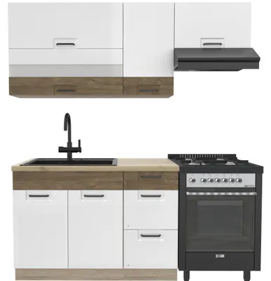 Produktbild von Küchenzeile 180 cm - FAVORIT E - Ohne Arbeitsplatte - Weiß Hochglanz - Sonoma Eiche - Singleküche ohne Geräte - Metallbox Schubladen