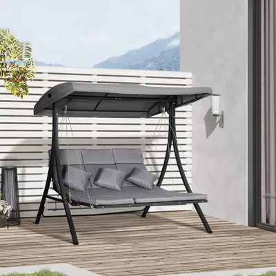 Zdjęcie produktu dla Huśtawka ogrodowa Outsunny 3-osobowa, ławka z regulowanym dachem, huśtawka ogrodowa z poduszkami, nośność do 270 kg, metal, Textelina, kolor szary, 200 x 115 x 168 cm