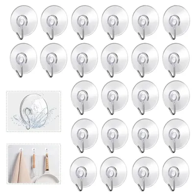 Produktbild von Saugnapfhaken, 24 Stück, extra stark, 4 cm, transparente Kunststoff-Saugnäpfe, PVC, Wandhaken mit Saugnapf und Haken, für Küche, Bad, Fenster, Auto