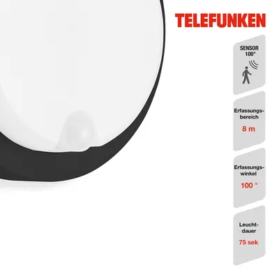 Obrázek produktu pro TELEFUNKEN DORTMUND LED venkovní nástěnné svítidlo, ochrana proti stříkající vodě IP44, detektor pohybu, soumrakový senzor, dosah 8 m, černá, 17 x 5,7 cm