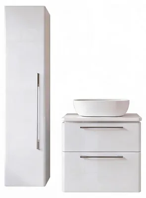 Produktbild von Badmöbel Set MOBI 60 cm - Weiß Hochglanz - 2 Waschbecken - Waschbeckenunterschränke + Hochschrank - Badezimmerschränk