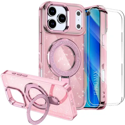 Image de Coque + 2 Verres Trempés pour iPhone 17 Pro Max, Protection Paillettée avec Cercle Magnétique Ajustable - Rose