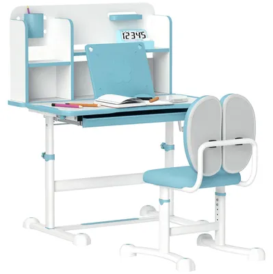 Produktbild von Verstellbares Kinderschreibtisch- und Stuhlset, Schulschreibtisch mit neigbarer Tischplatte, Schublade, Ablage, Blau