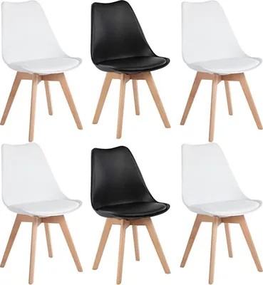 A product shot of six chairs, three white and three black, arranged in two rows of three.