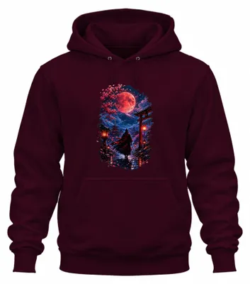 Imagen del producto de Samurái, Ronin, Japón, Torii, Fuji, Katana, Y2K, Bushido, Sudadera con capucha, "Krieger", color burdeos, talla M