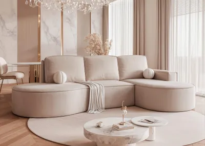 Produktbild von Idohome - Gepolstertes Ecksofa SOFIA L RECHTS mit Schlaffunktion und Bettkasten 277x157 cm, modern, elegant, oval -Farbe: Beige Riviera 21