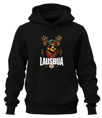 Immagine prodotto di Jausenbua Hirsch Alpen, Baviera, Edelweiss. Abbigliamento tradizionale. Pantaloni in pelle. Felpa con cappuccio. Colore: nero. Taglia: XL