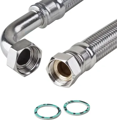 Close-up view of two metal braided hoses with fittings and two washers.