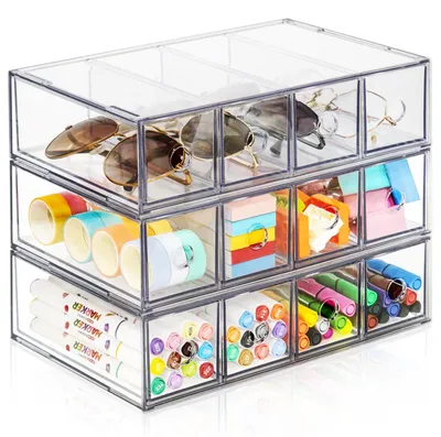 Schreibtisch-Organizer, 12 Schubladen, transparent, Acryl, stapelbar