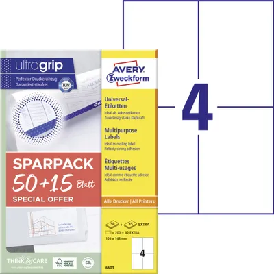 Produktbild von Avery Zweckform 6601 Universal-Etiketten, A4 mit ultragrip, 105 x 148 mm, 65 Bogen/260 Etiketten, weiß