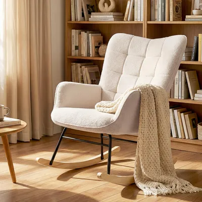 Produktbild von Schaukelstuhl Lammfellimitat getuftet, Schaukelsessel 66 cm Rückenlehne Relaxsessel, Beige | 71x98x101 cm | 40° Schaukeln | 11 kg