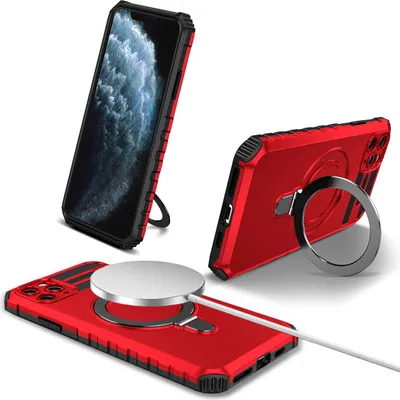 Image de Coque pour iPhone 11 Pro Max magnétique avec MagSafe, porte-anneau, support, étui de protection double couche rouge