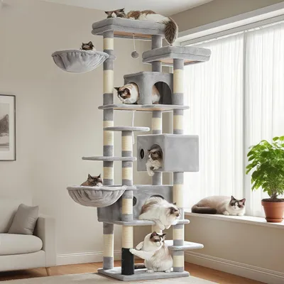 Obrázok produktu pre Omgoods – Mačací škrabací stĺp, výška 188 cm, s viacerými platformami a skrýšami, svetlosivý