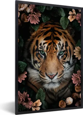 Produktbild von MuchoWow® MuchoWow® Gerahmtes Poster Tiger - Blumen - Blätter 40x60 cm - Poster mit zchwarzem Bilderrahmen - Papierdruck - Wandbilder