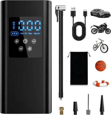 Immagine prodotto di Compressore d'aria portatile da 150 PSI, pompa da 6000 mAh con 4 valvole, luce a LED e sensore di pressione per moto, biciclette e palloni