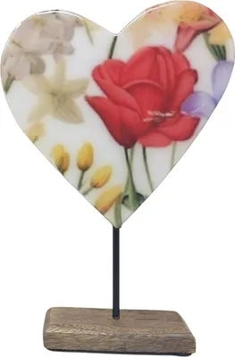 Produktbild von Dekoobjekt Herz Blumenmeer auf Fuß H. 24cm aus Mangoholz mit Emaille Formano F26
