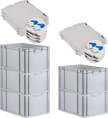 Produktbild von SuperSparSet 5x Eurobox NextGen Economy mit Scharnierdeckel und blauen Schiebeschnappverschlüssen | Griffe geschlossen | HxBxT 32x40x60cm | 65 Liter | Eurobehälter, Transportbox, Transportbehälter, Stapelbehälter
